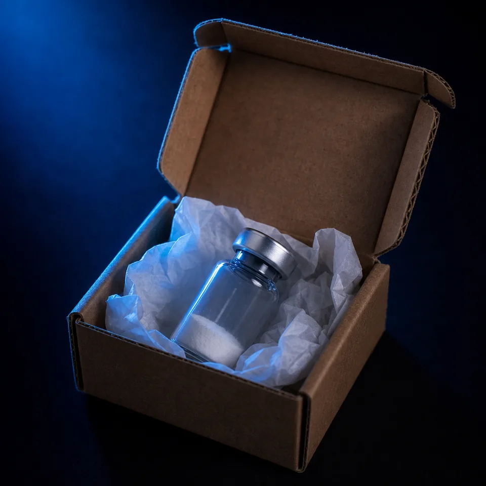 An unmarked shipping box with a single peptide vial inside