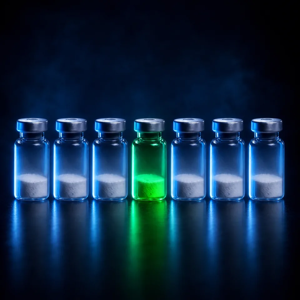 A row of identical vials with one lit green, standing apart