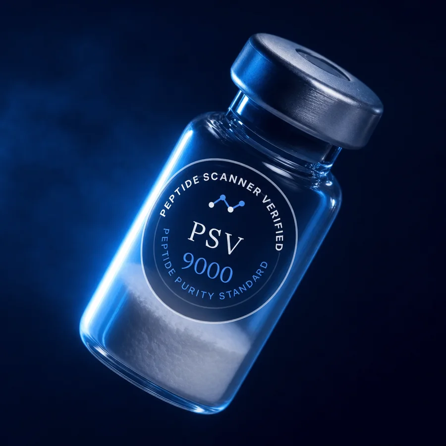 Research peptide vial with the PSV 9000 verified seal printed on the glass
