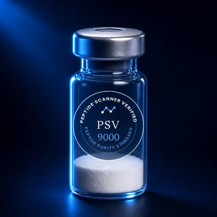 A clean peptide vial carrying the PSV 9000 verified seal