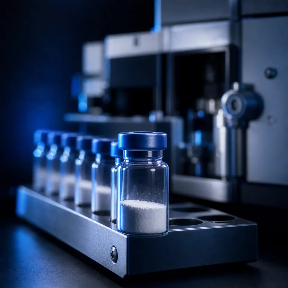 A sealed peptide vial in a sample rack in front of a laboratory instrument