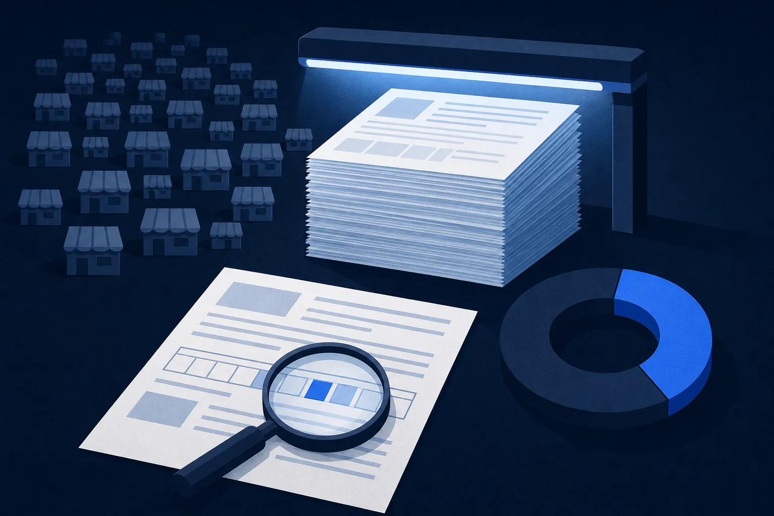 Illustration: a stack of certificates under a scanner light, one certificate under a magnifying glass, and a ring chart about one third filled