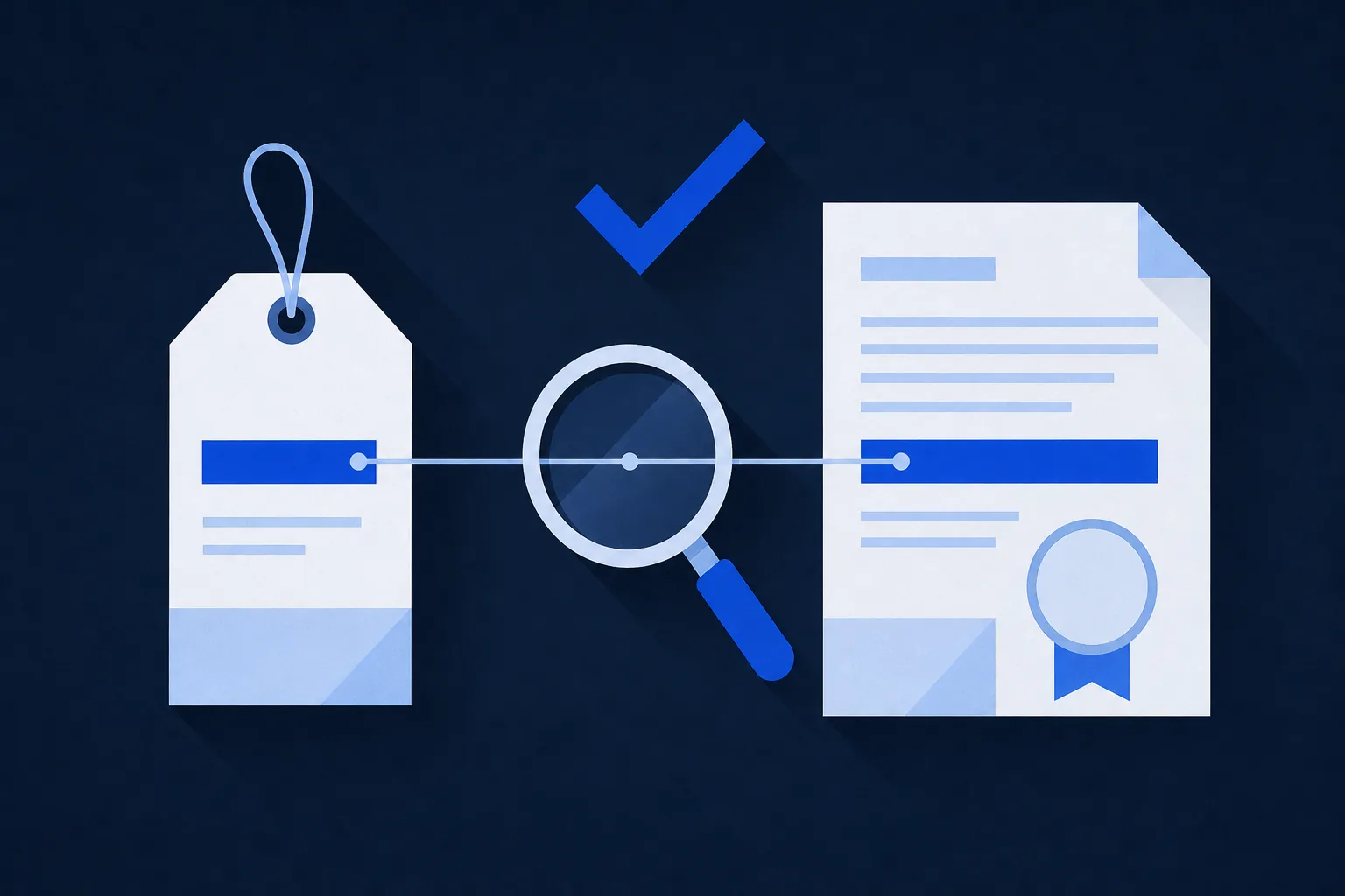 Illustration: a product label and a certificate joined by a line through a magnifying glass, with a check mark above