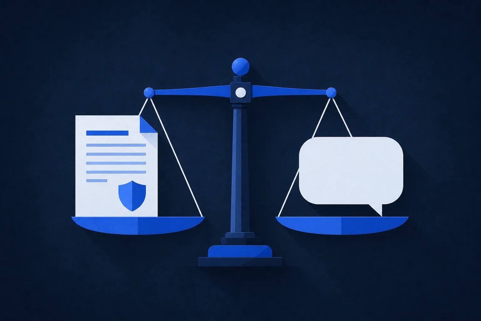 Illustration: a level balance scale holding a policy document on one side and an empty speech bubble on the other
