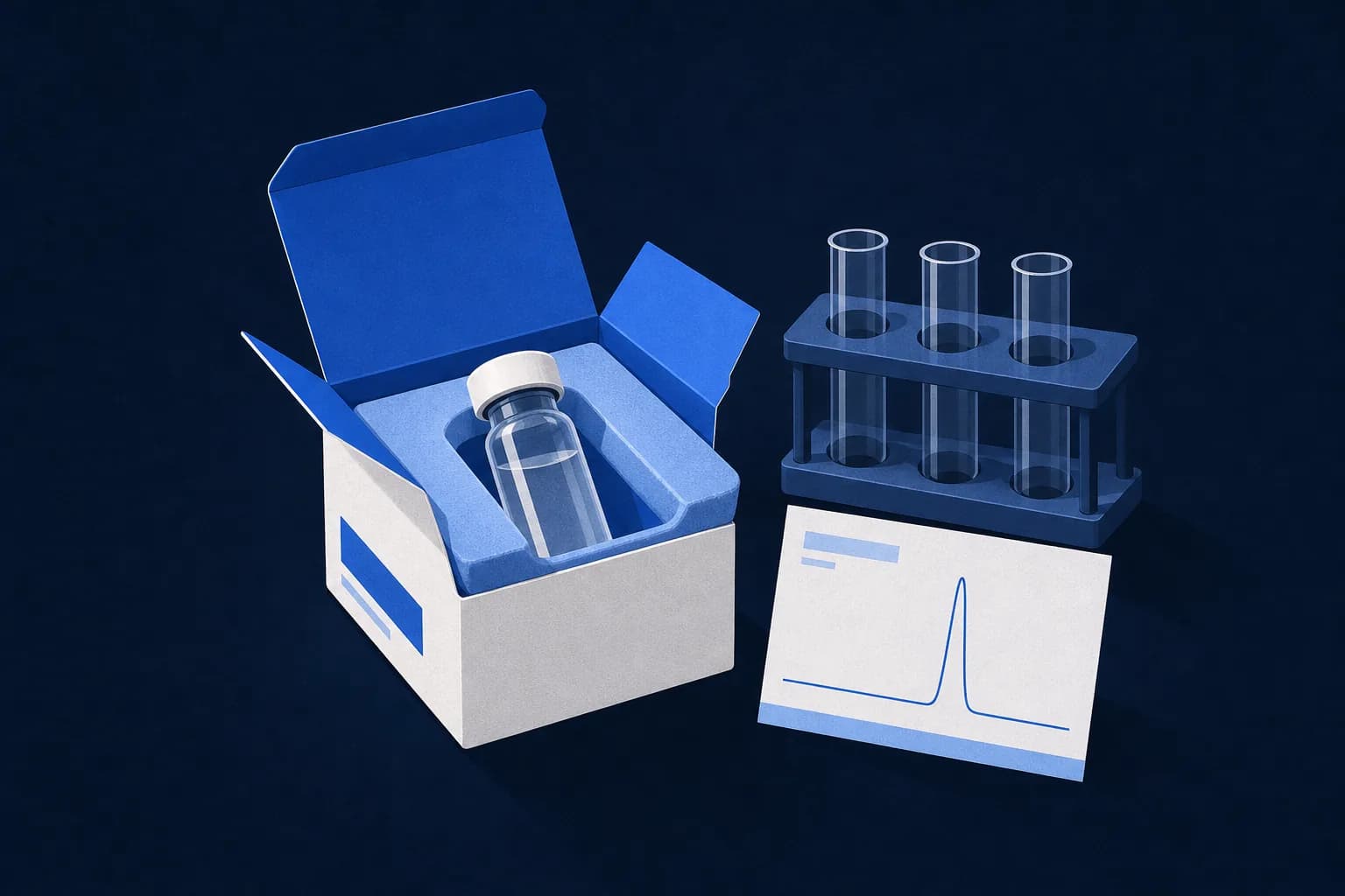Illustration: a vial in an open padded box, beside a rack of test tubes and a lab chart with a single peak