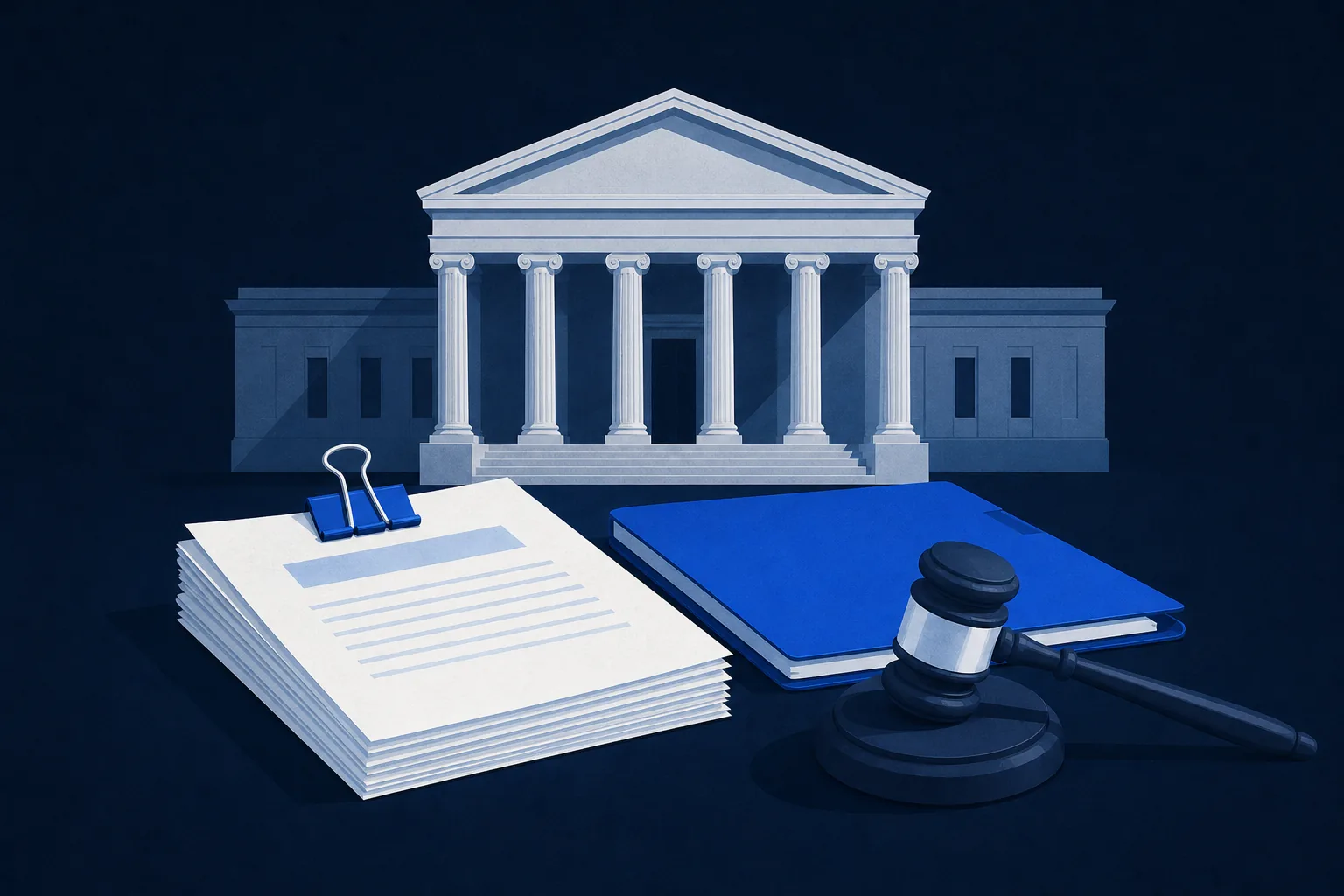Illustration: a courthouse with columns behind a clipped stack of papers, a closed folder and a gavel