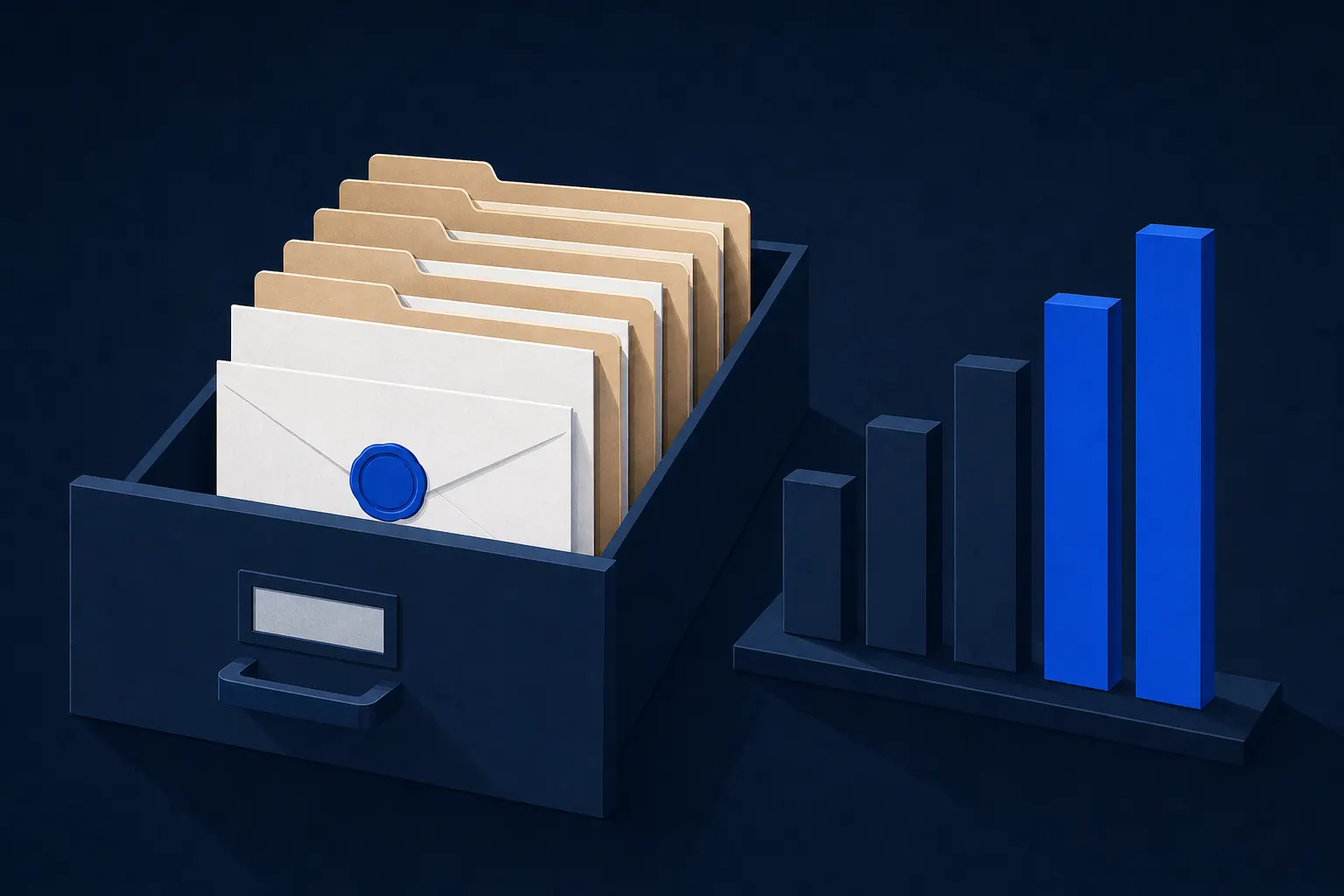 Illustration: an open archive drawer of folders and sealed letters beside a bar chart whose last two bars are tallest