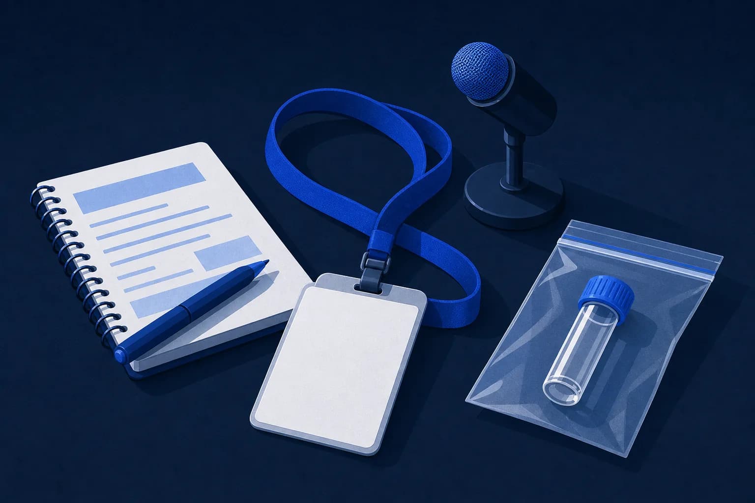 Illustration: a blank press badge on a lanyard, a notebook and pen, a desk microphone and a vial in a sample bag