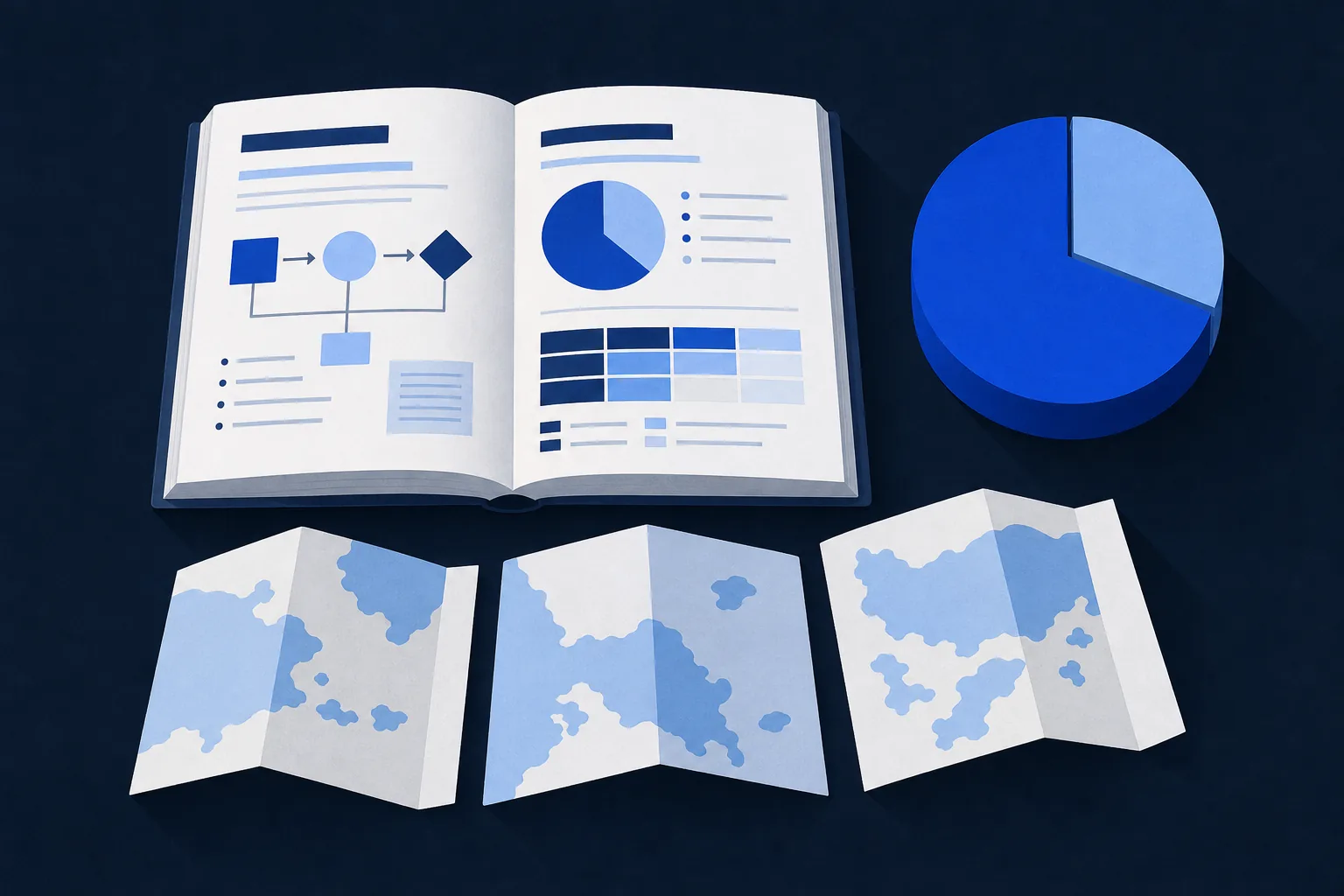 Illustration: an open guidebook with diagrams, a pie chart split seventy to thirty, and three folded maps
