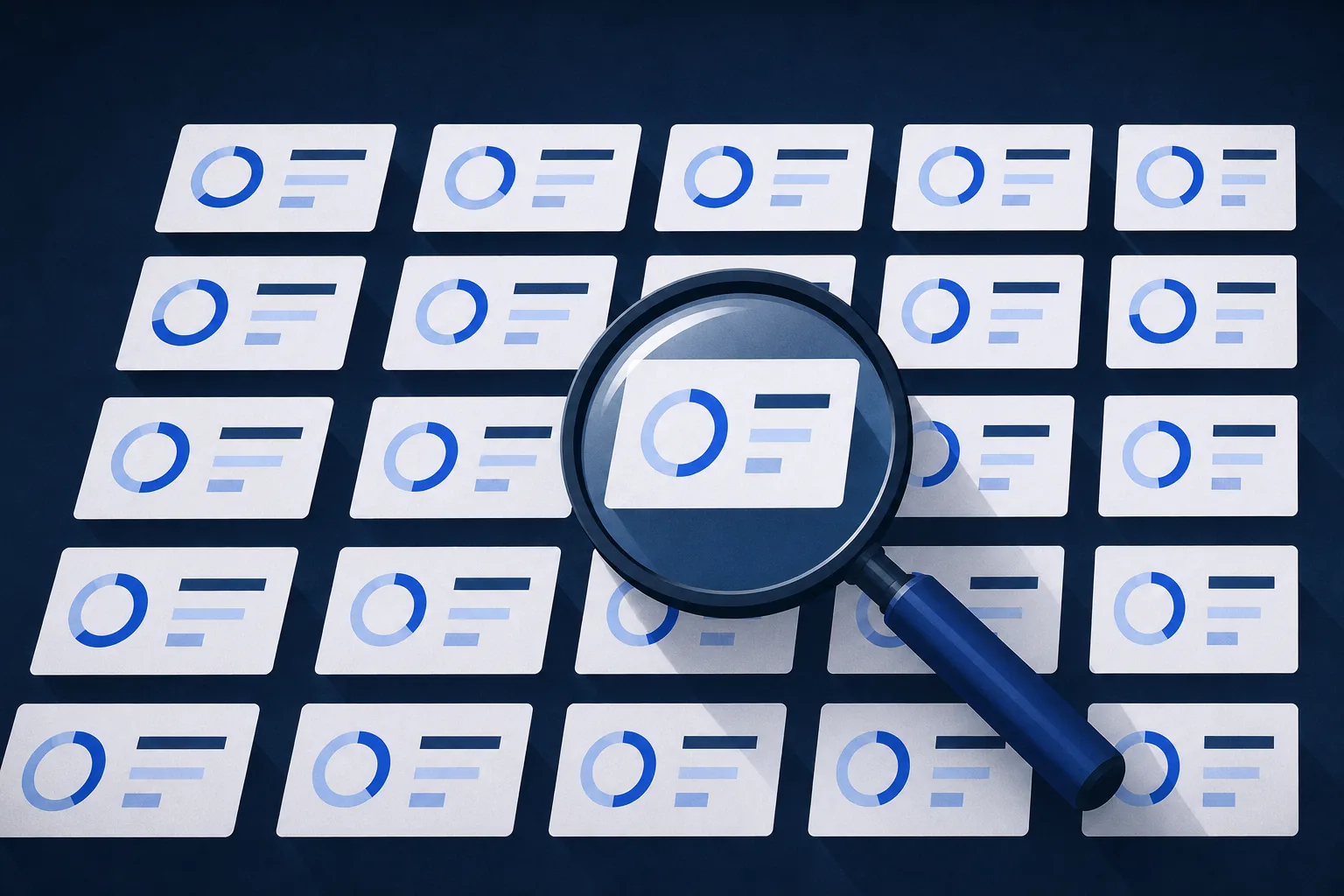 Illustration: a grid of supplier cards, each with a part-filled score ring, under a magnifying glass