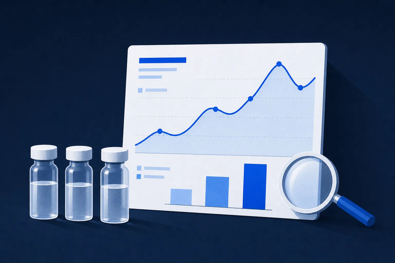 Illustration: three vials beside a price chart with a line and three bars, and a magnifying glass