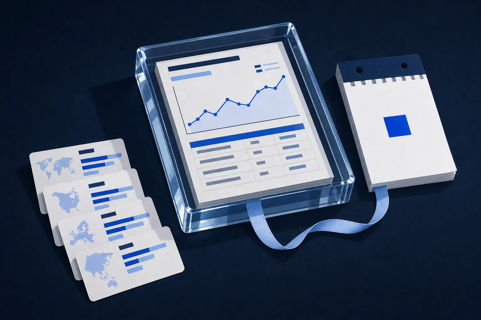 Illustration: a chart and table card sealed in a clear glass block, a tear-off calendar page with one square marked, and four region cards with bar rows