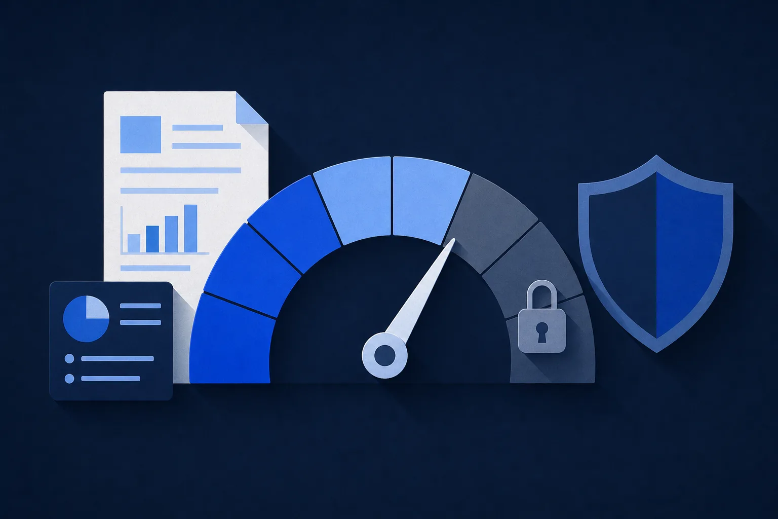 Illustration: a score gauge filled to about sixty percent, with the last segments locked by a padlock, beside a shield