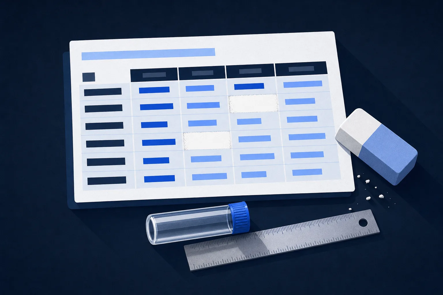 Illustration: a data table with two cells erased, an eraser, a ruler and a small vial