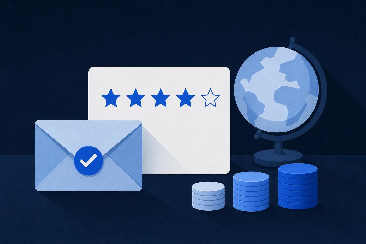 Illustration: a review card with four of five stars filled, an envelope with a check mark, a globe and stacks of plain coins