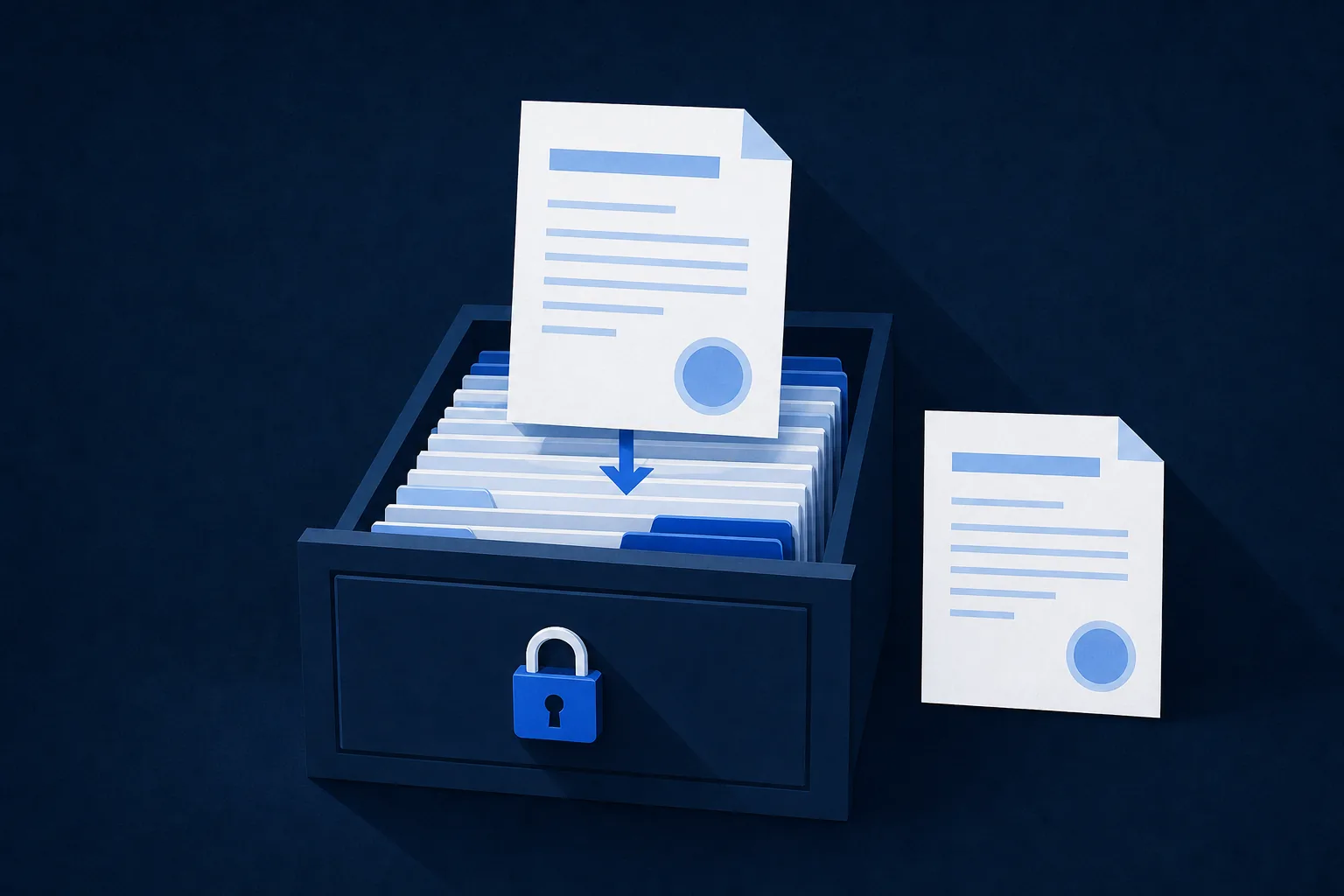 Illustration: a certificate being filed into a locked archive drawer, with an identical copy beside it