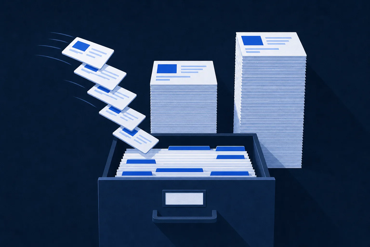 Illustration: record cards flying into an open filing drawer beside two growing stacks of cards