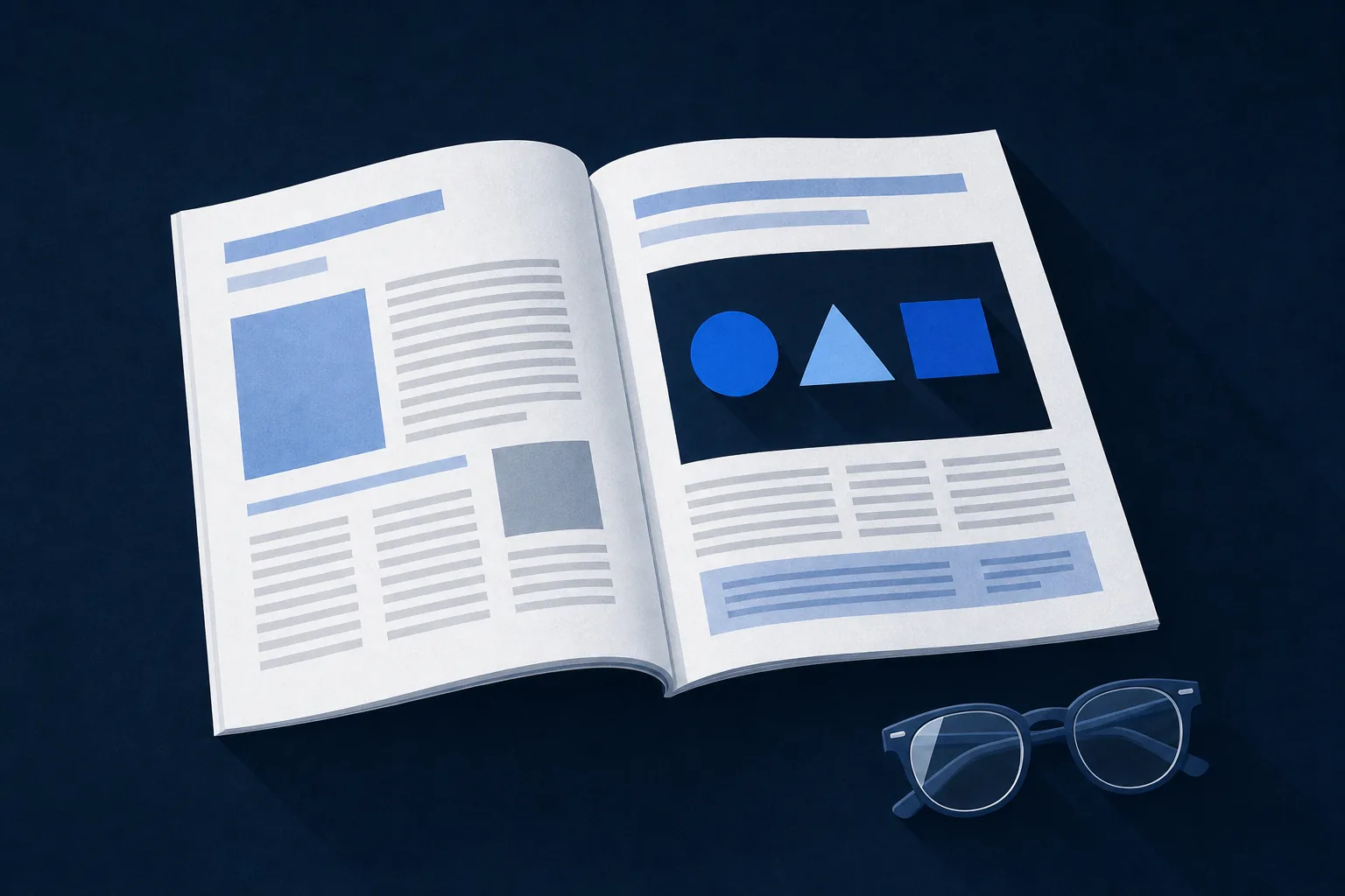 Illustration: an open magazine with a feature spread, showing a circle, a triangle and a square, beside reading glasses