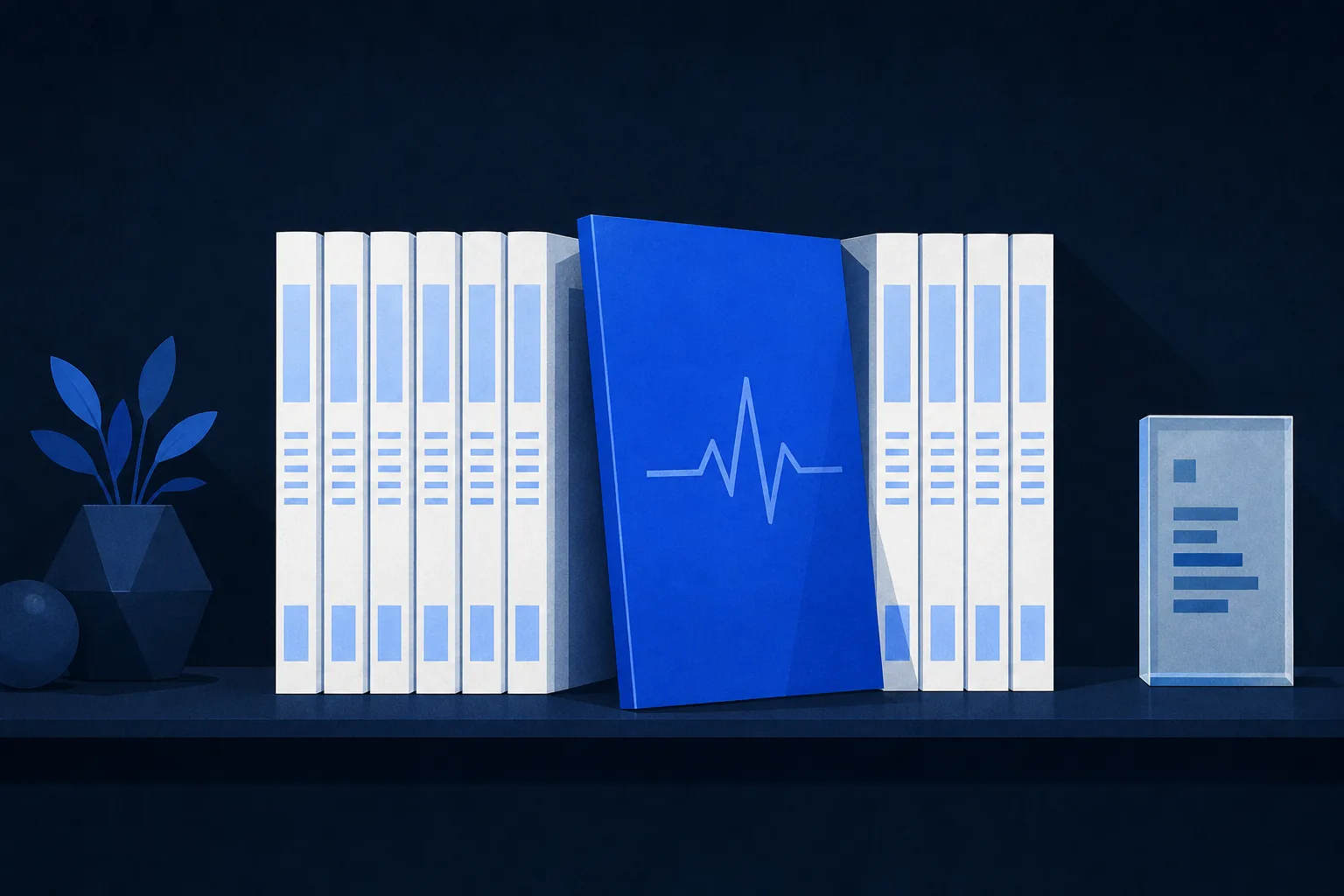 Illustration: a row of magazines on a shelf, with one blue issue pulled forward showing a heartbeat line