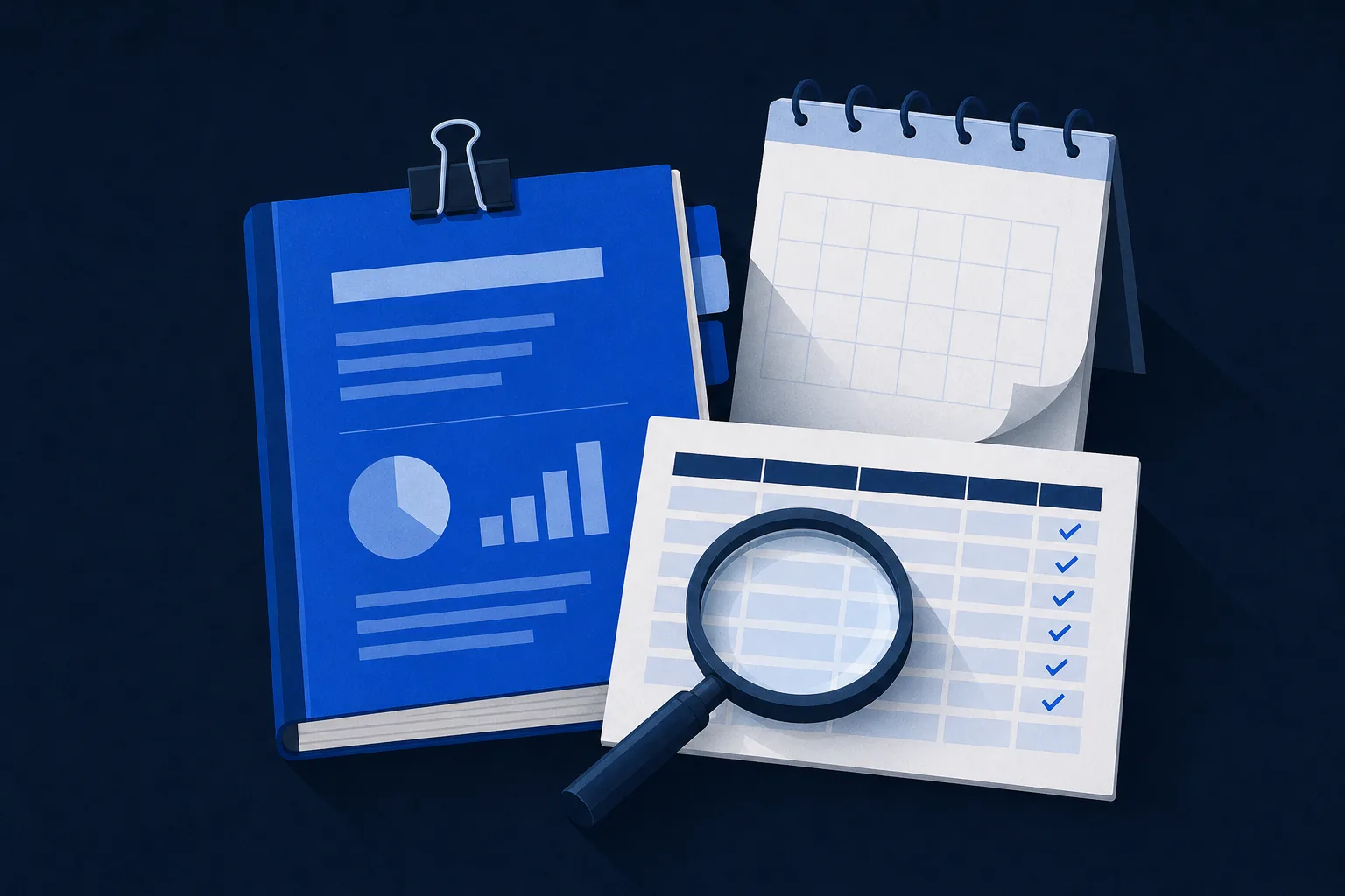 Illustration: a bound report, a calendar and a spreadsheet with a check mark on each row, under a magnifying glass